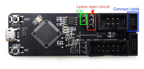 ESP-PROG configuration for flashing: IO0 jumper connected, PWR SEL open circuit.