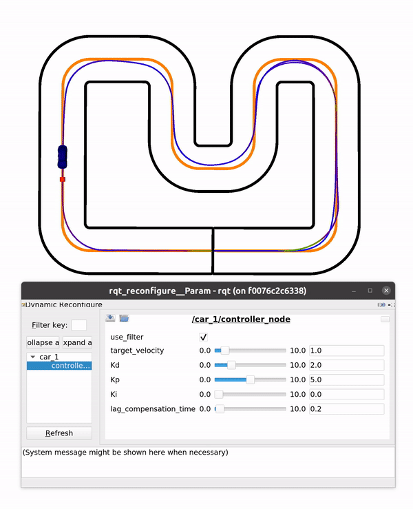GIF of a simulated car driving around the track while PID parameters are varied in rqt_reconfigure.
